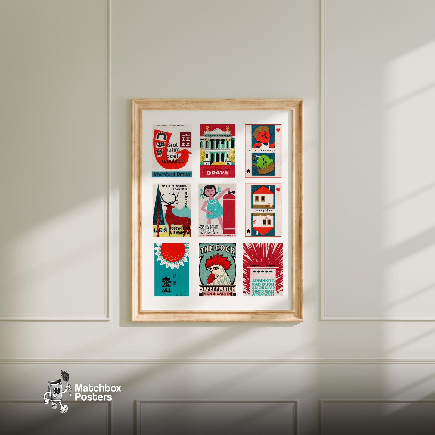 Red and Teals Grid Print - vintage matchbox label print - living room mockup