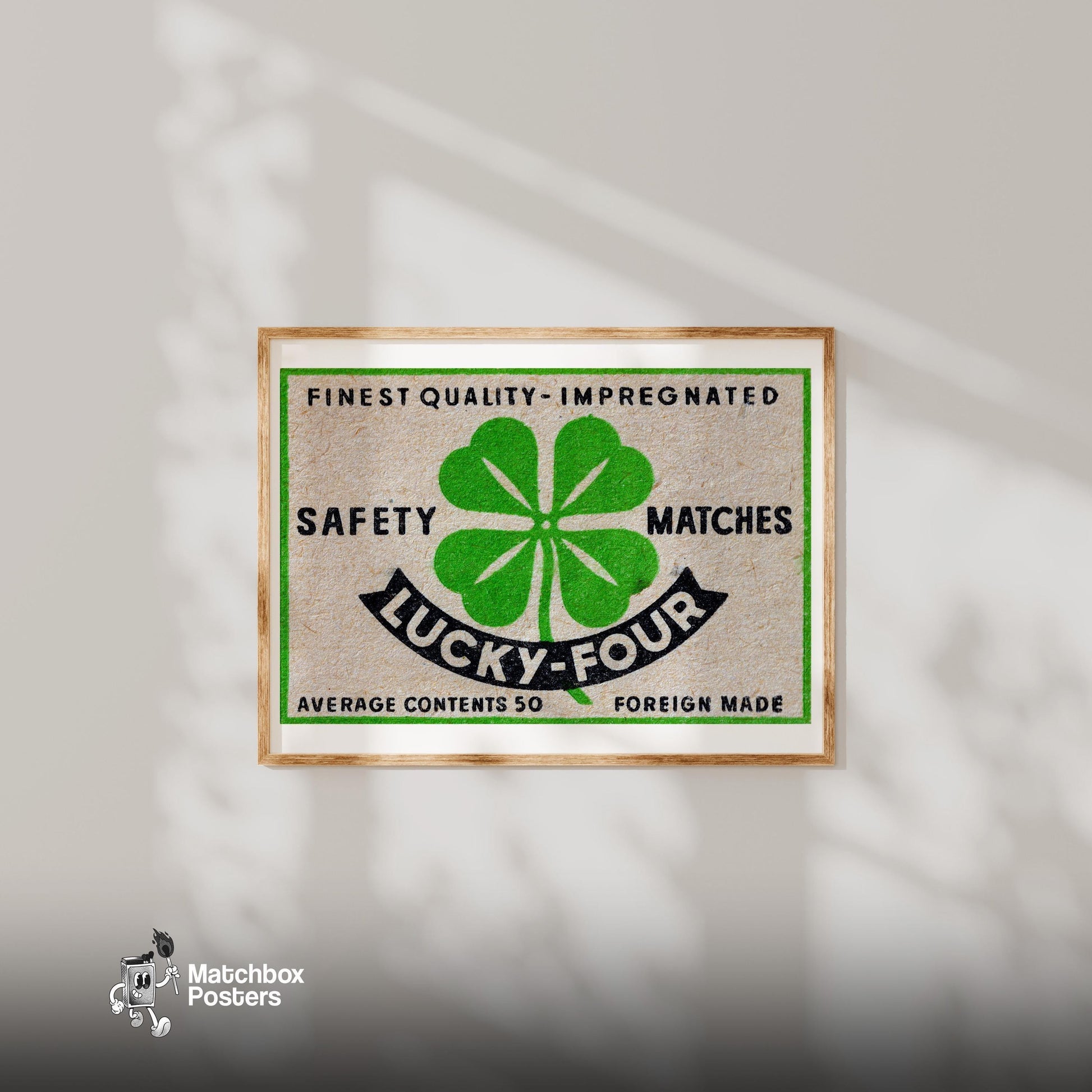 Four-Leaf Clover - vintage matchbox label print - bedroom mockup