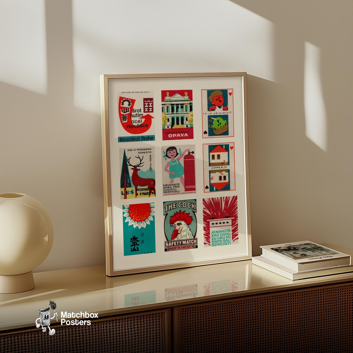 Red and Teals Grid Print - vintage matchbox label print - bedroom mockup