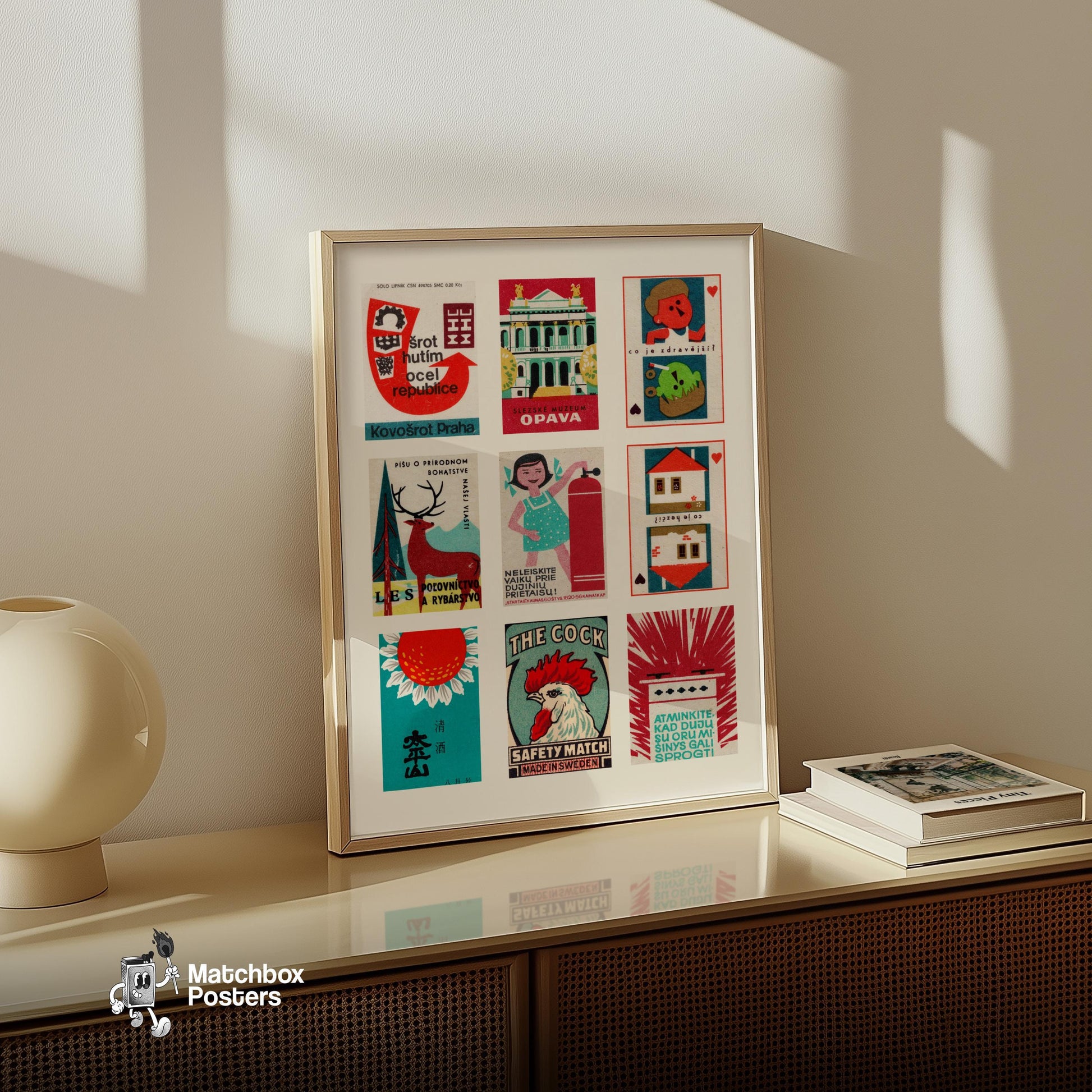 Red and Teals Grid Print - vintage matchbox label print - bedroom mockup