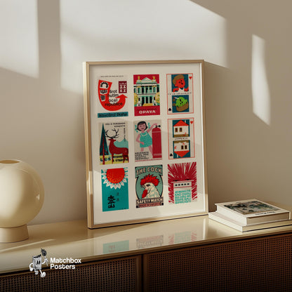 Red and Teals Grid Print - vintage matchbox label print - bedroom mockup