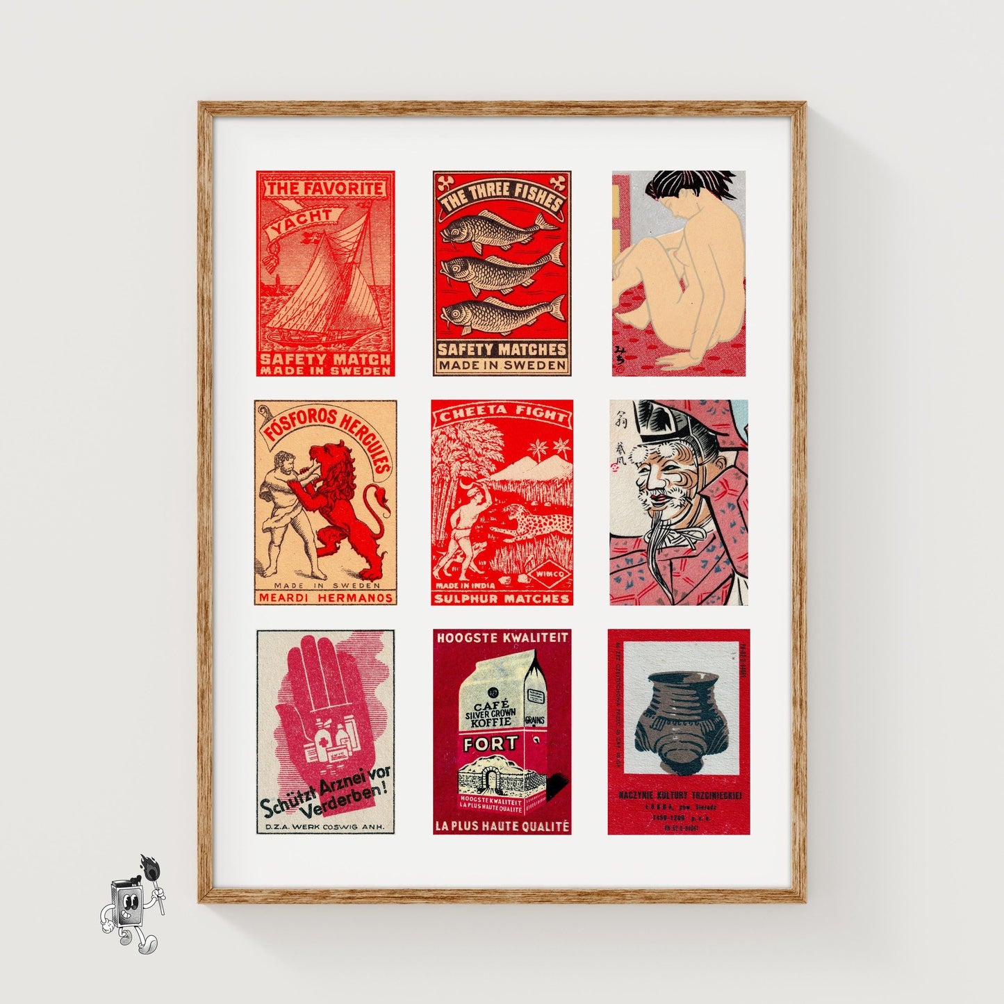 Red and Beiges Grid Print - vintage matchbox label print