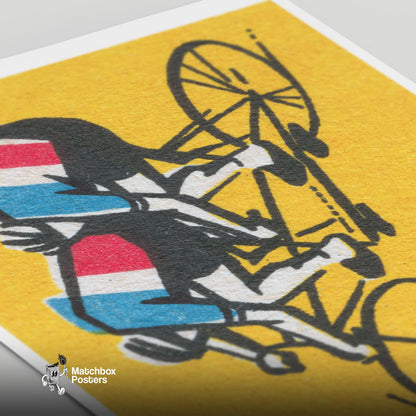 Tandem Cyclists - vintage matchbox label print - close-up detail