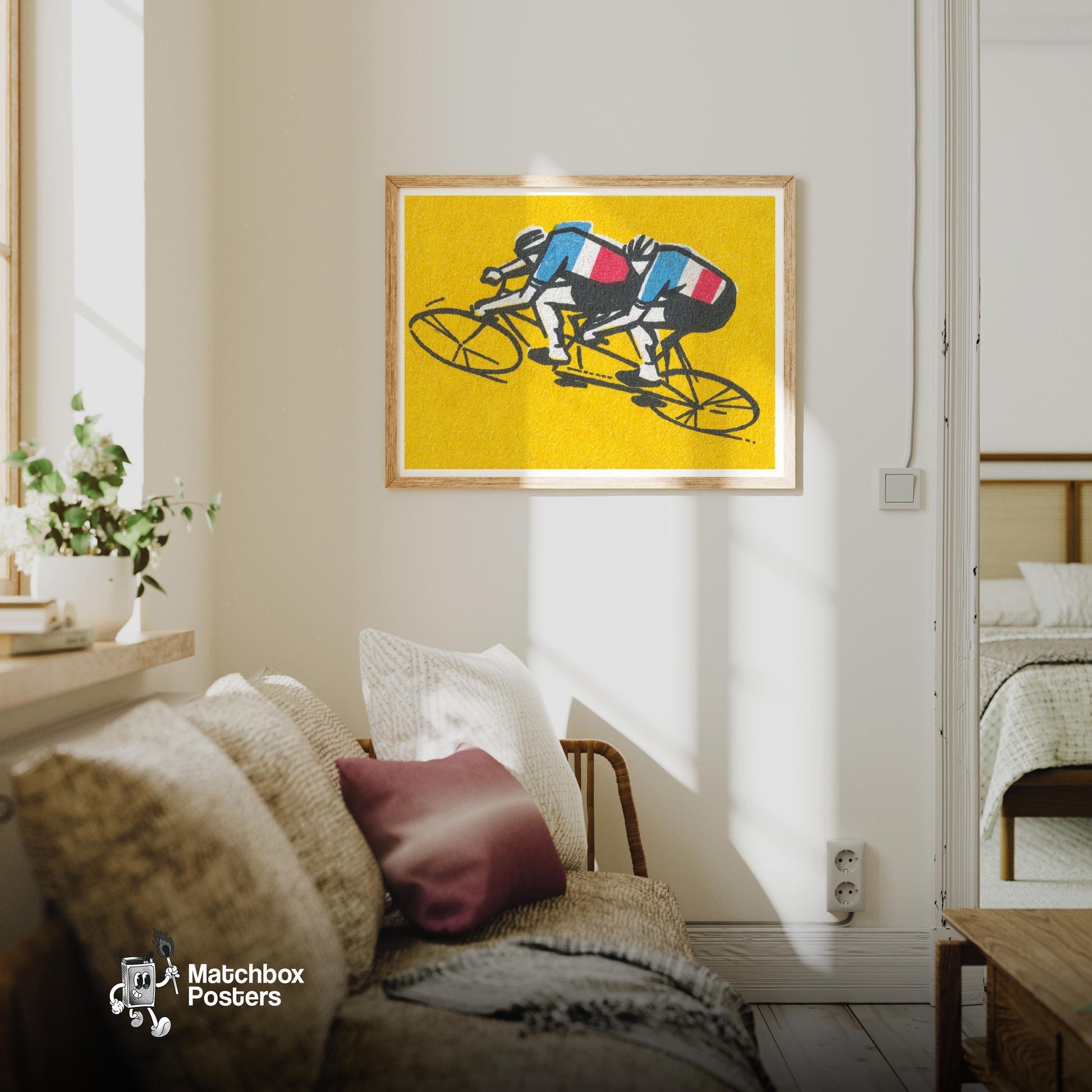 Tandem Cyclists - vintage matchbox label print - living room mockup