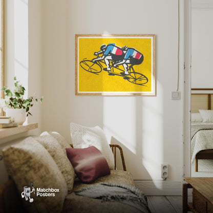Tandem Cyclists - vintage matchbox label print - living room mockup
