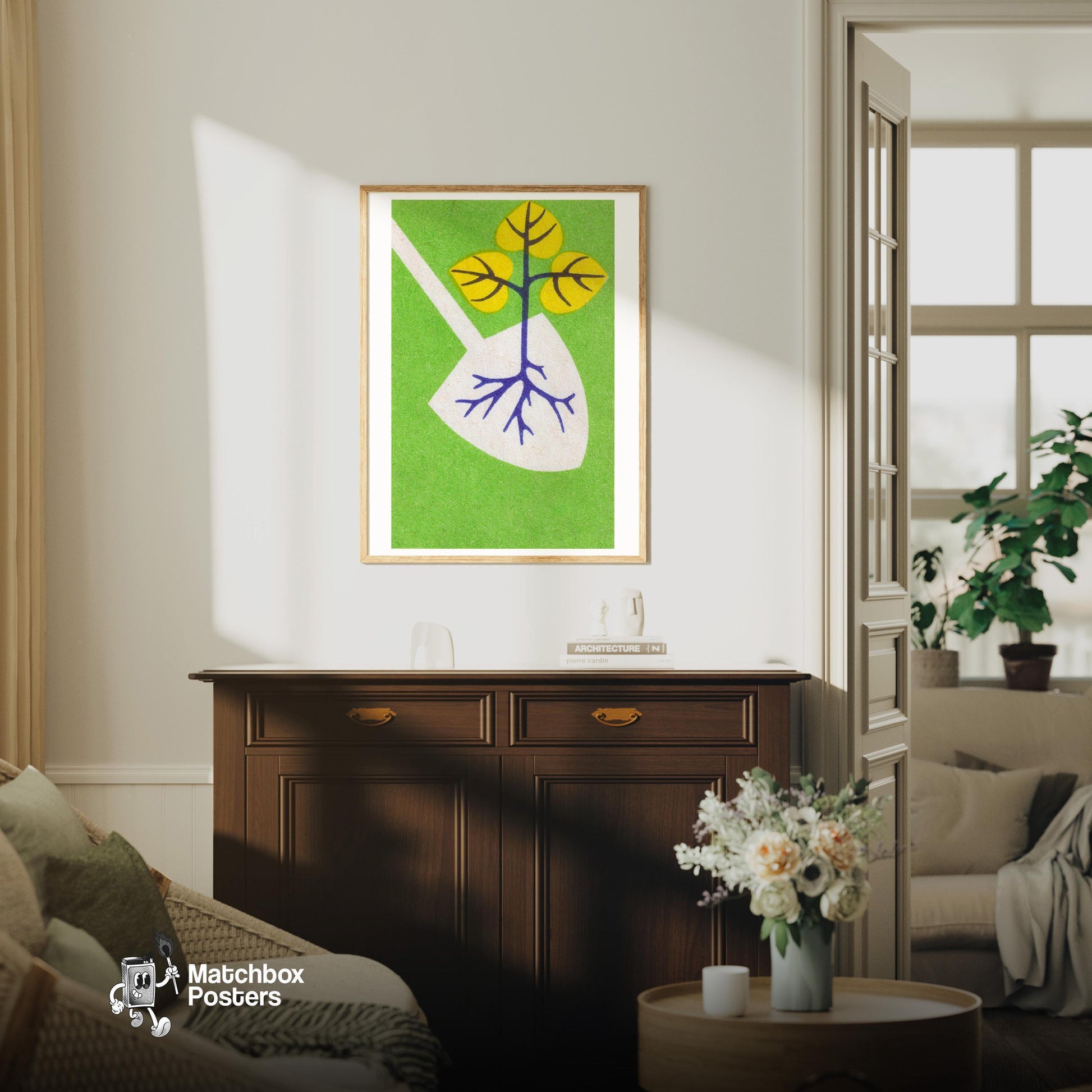 Tree Planting - vintage matchbox label print - living room mockup