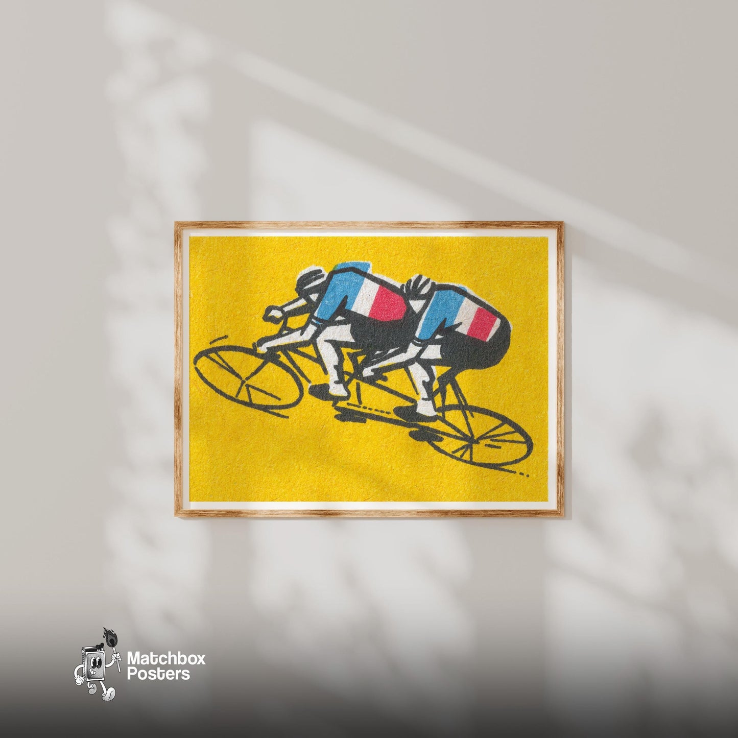 Tandem Cyclists - vintage matchbox label print - bedroom mockup