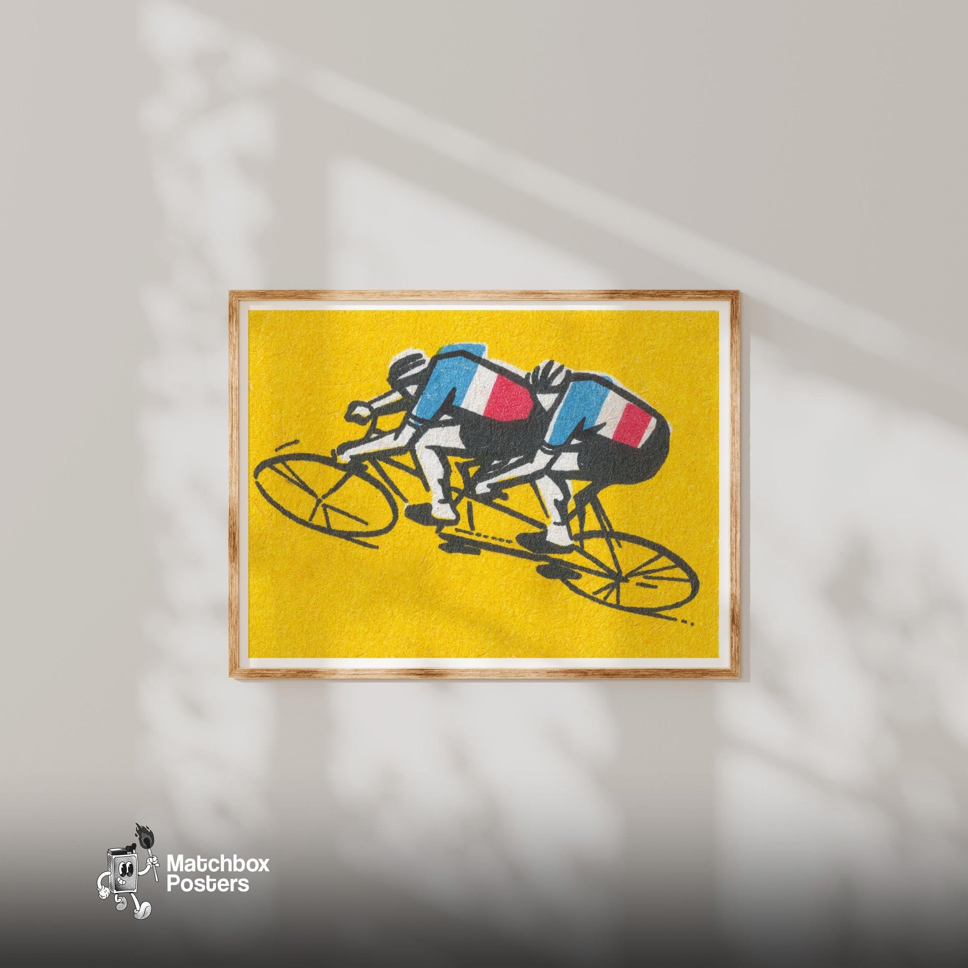 Tandem Cyclists - vintage matchbox label print - bedroom mockup