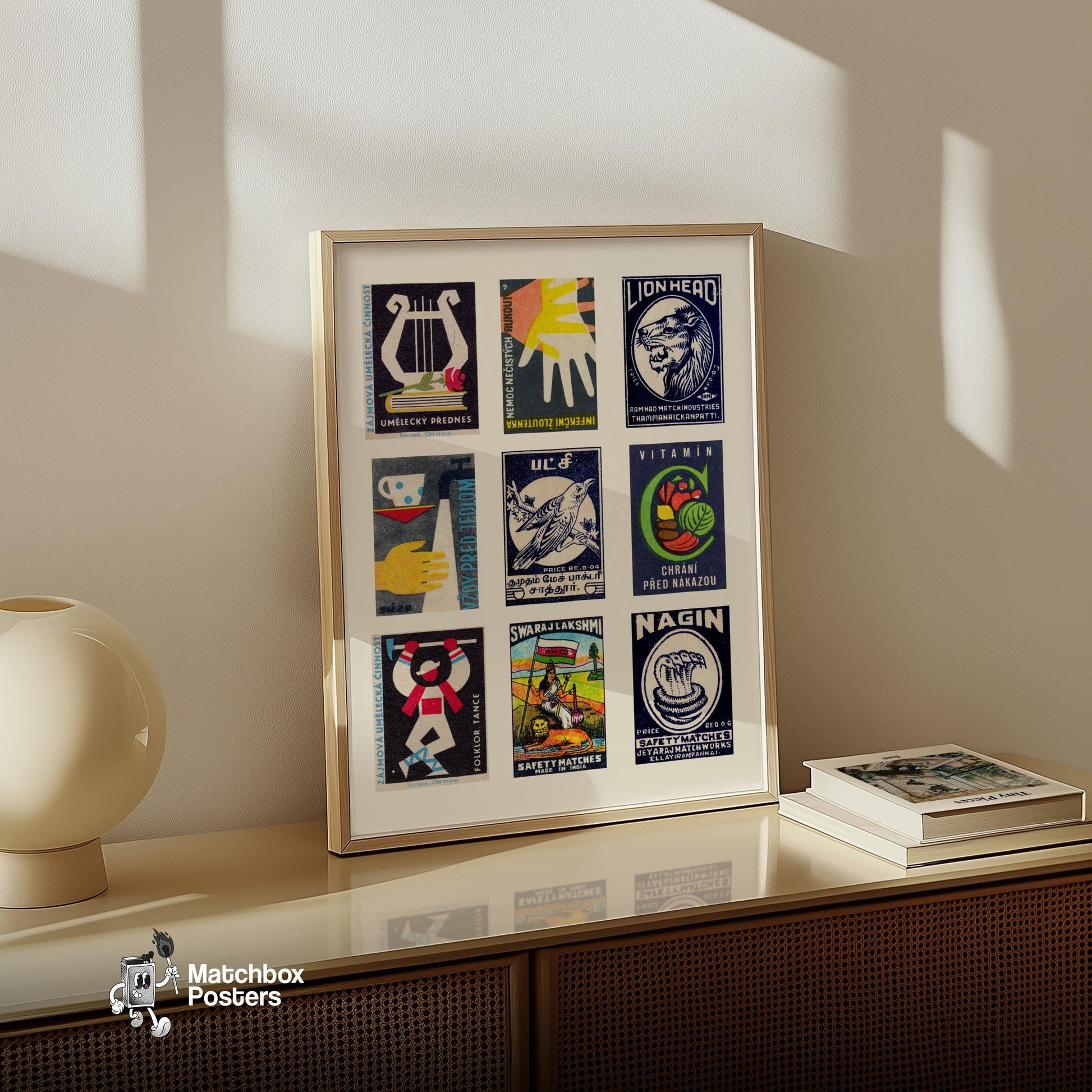 Dark Blues Grid Print - vintage matchbox label print - bedroom mockup