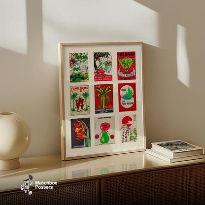 Red and Greens Grid Print - vintage matchbox label print - bedroom mockup