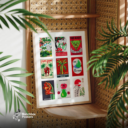 Red and Greens Grid Print - vintage matchbox label print - size comparison
