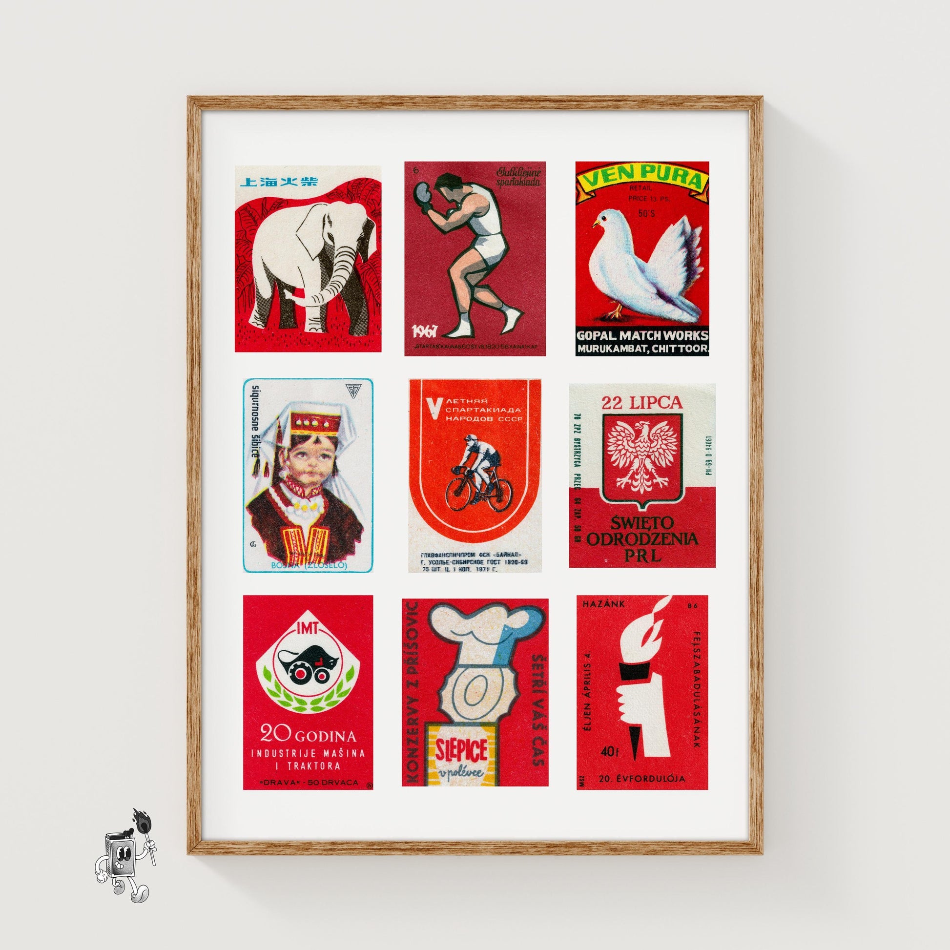 Red and Whites Grid Print - vintage matchbox label print