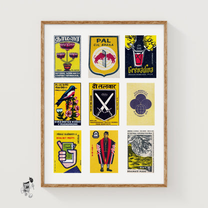 Yellow and Dark Blues Grid Print - vintage matchbox label print
