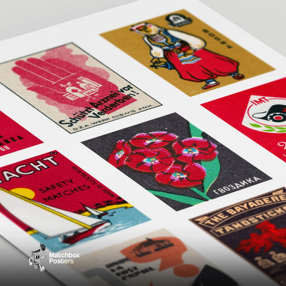 Reds Grid Print - vintage matchbox label print - close-up detail