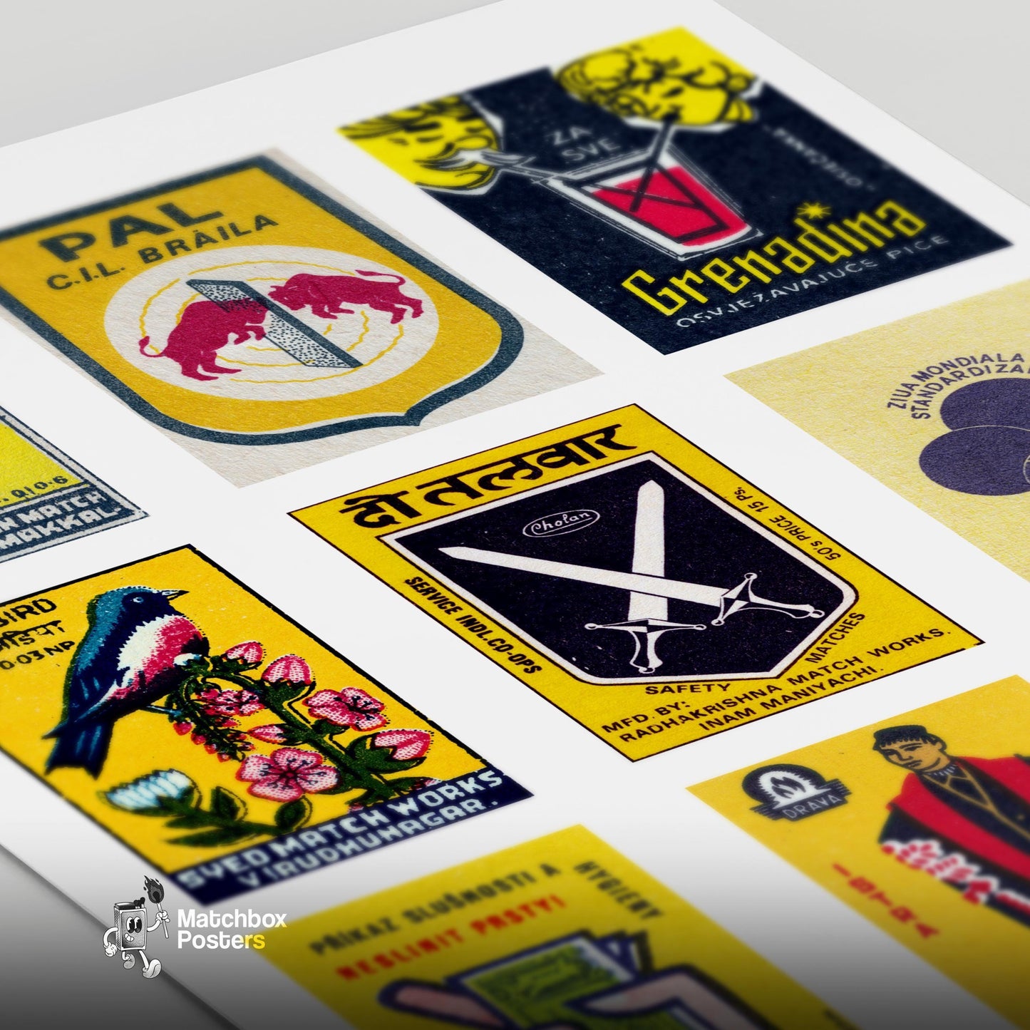 Yellow and Dark Blues Grid Print - vintage matchbox label print - close-up detail