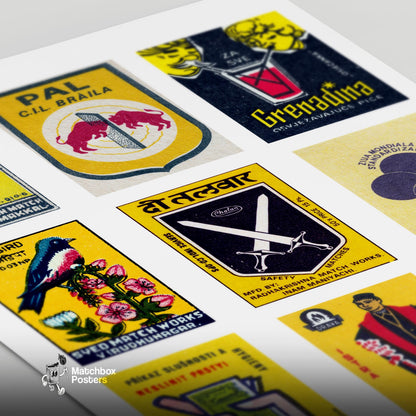 Yellow and Dark Blues Grid Print - vintage matchbox label print - close-up detail