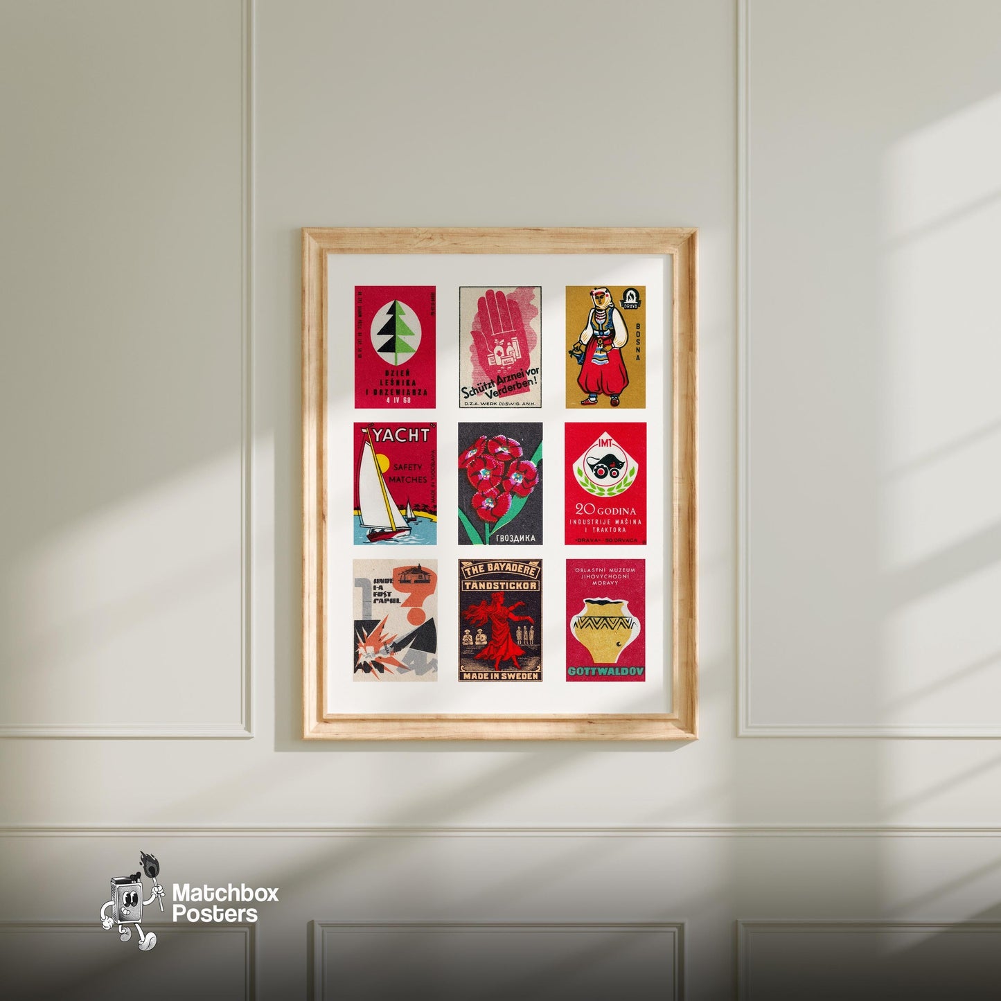 Reds Grid Print - vintage matchbox label print - living room mockup