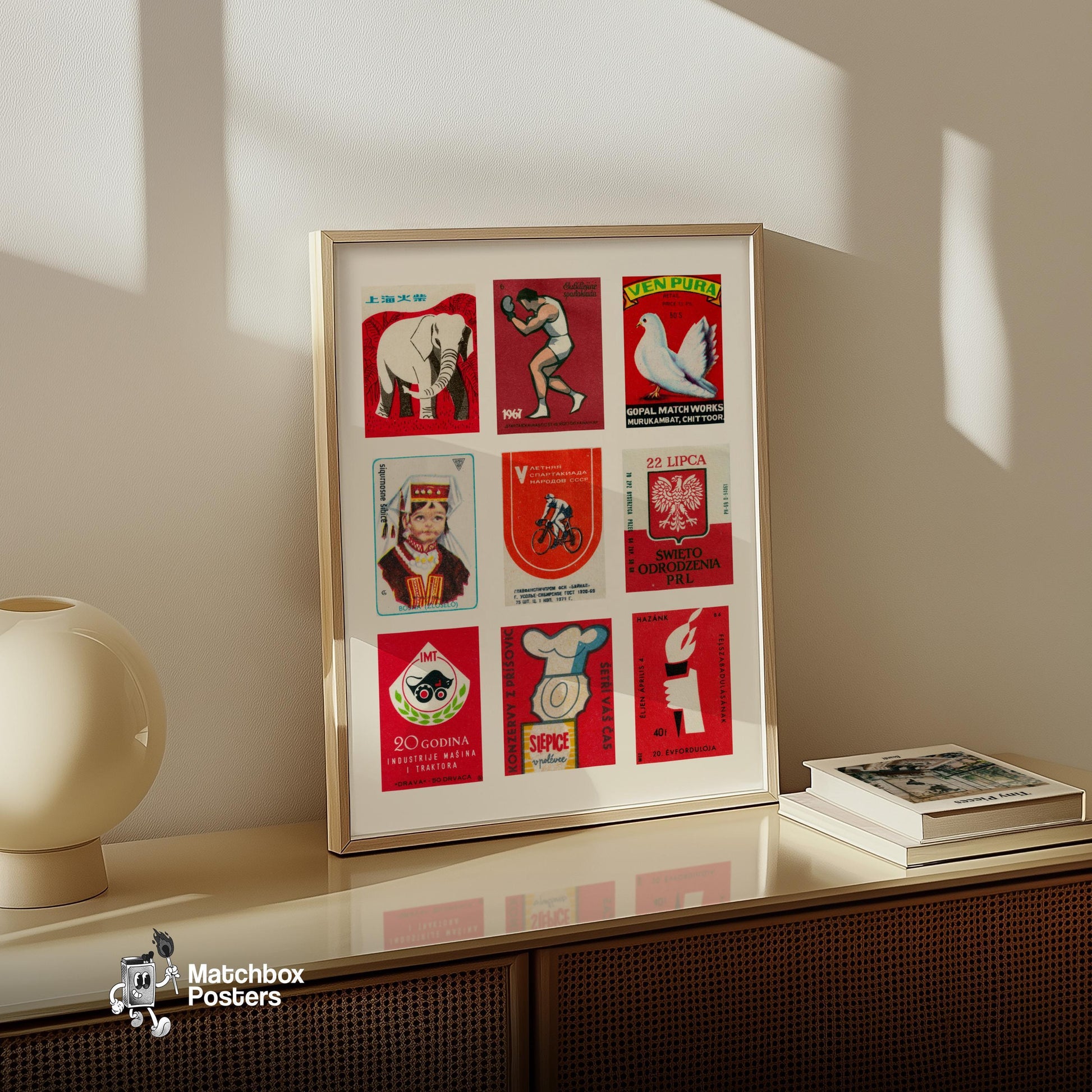 Red and Whites Grid Print - vintage matchbox label print - bedroom mockup