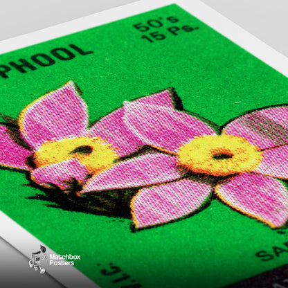 Pink Flowers - vintage matchbox label print - close-up detail