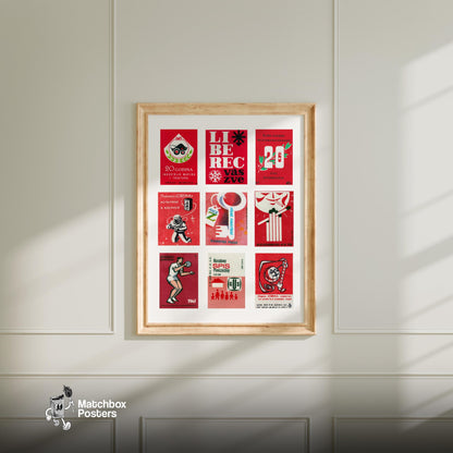 Red and Whites Grid Print - vintage matchbox label print - living room mockup
