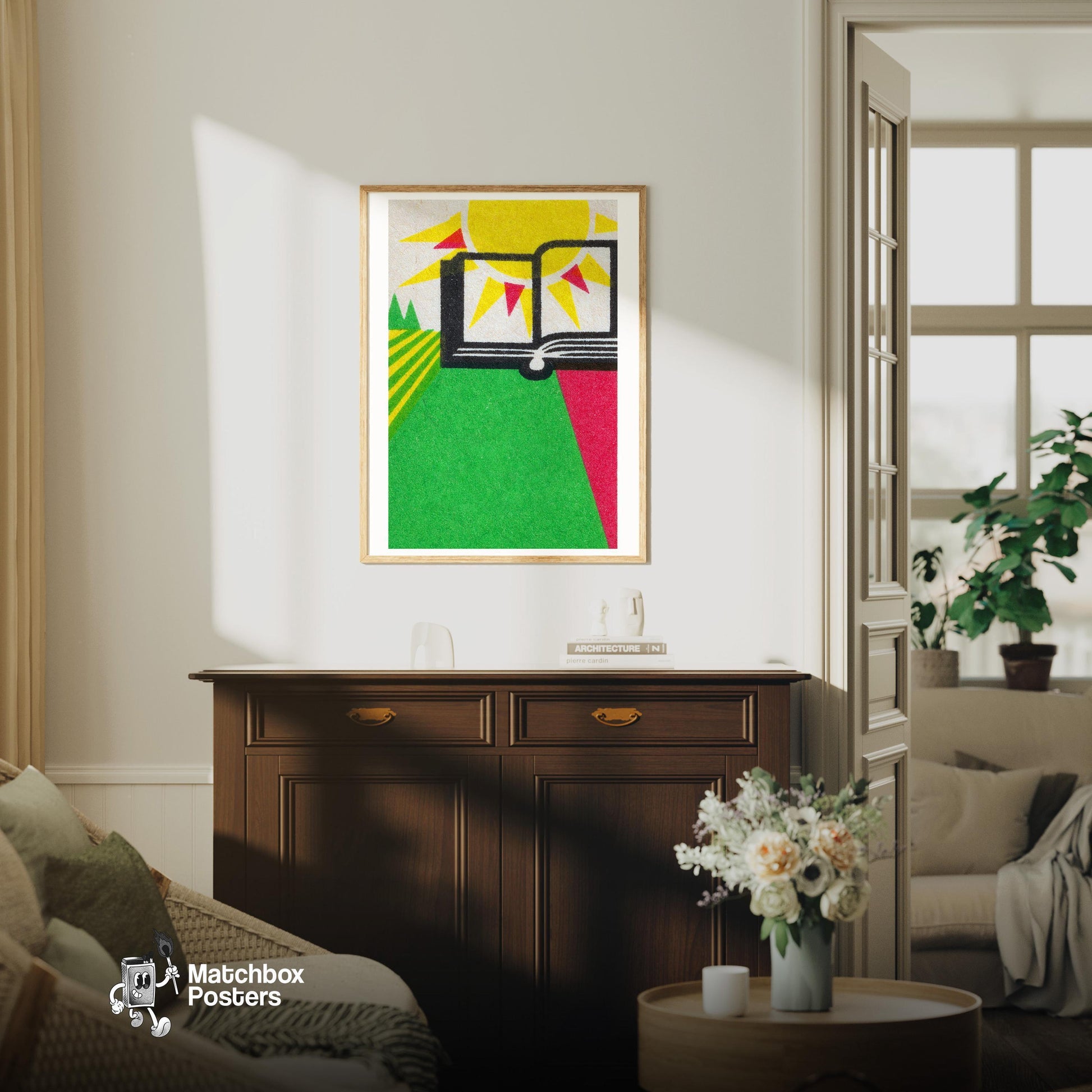 Open Book - vintage matchbox label print - living room mockup