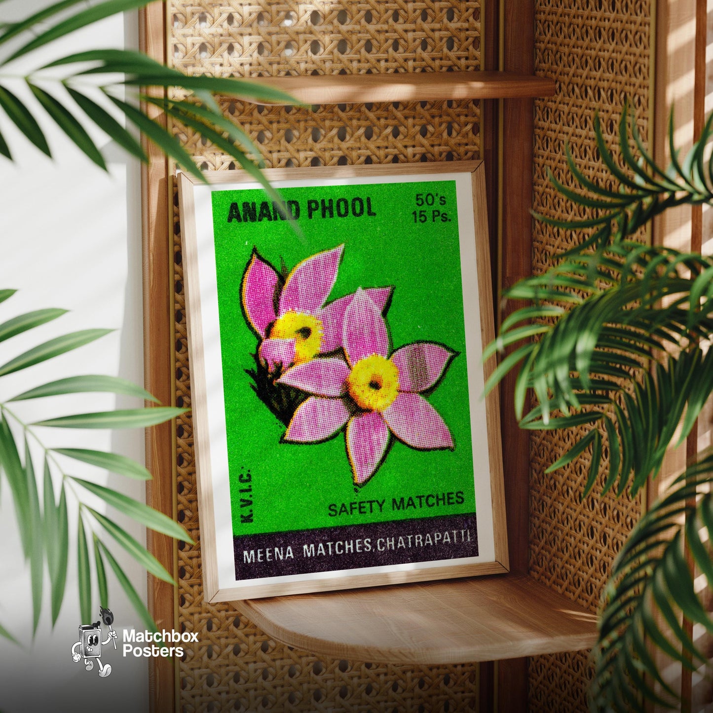 Pink Flowers - vintage matchbox label print - office wall