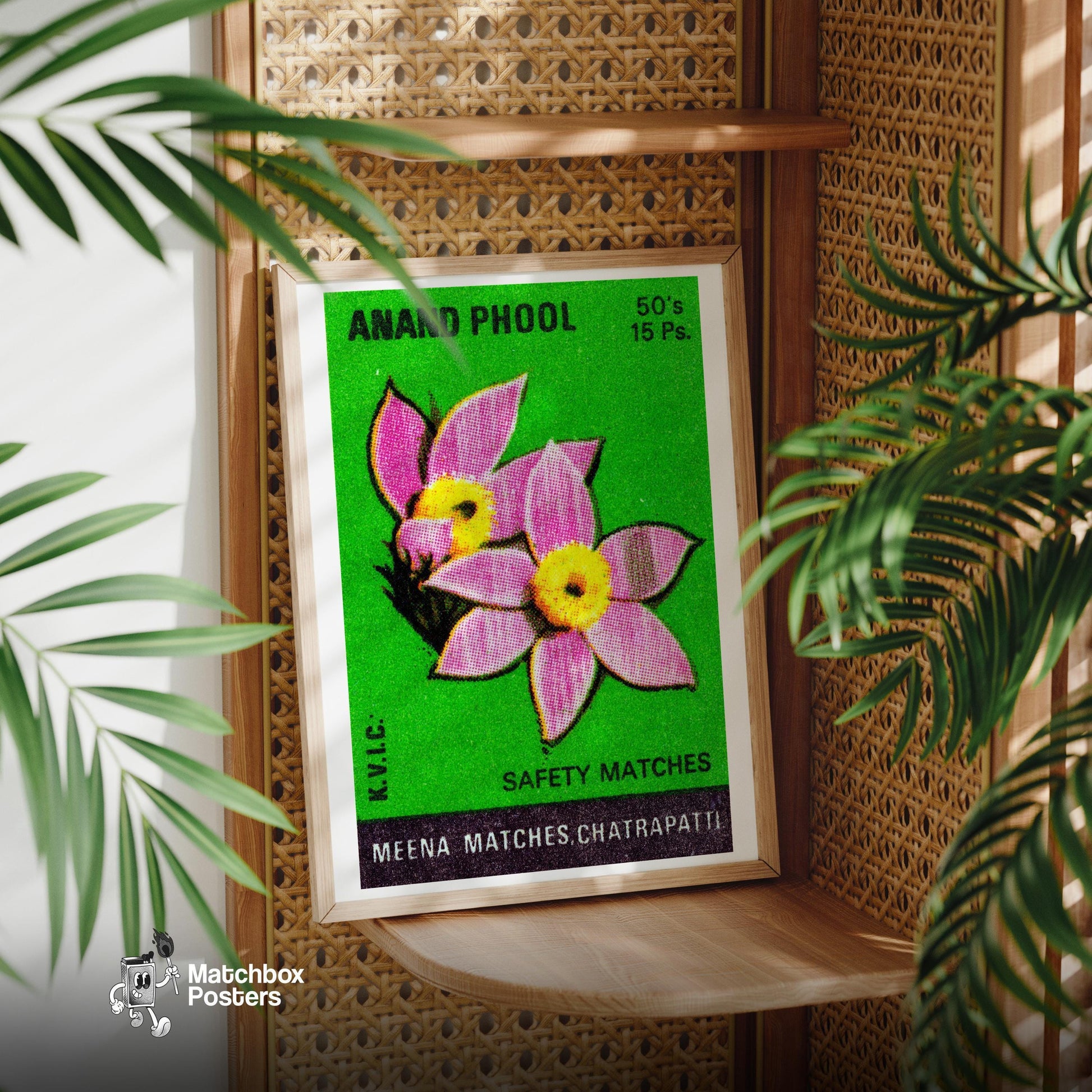 Pink Flowers - vintage matchbox label print - office wall