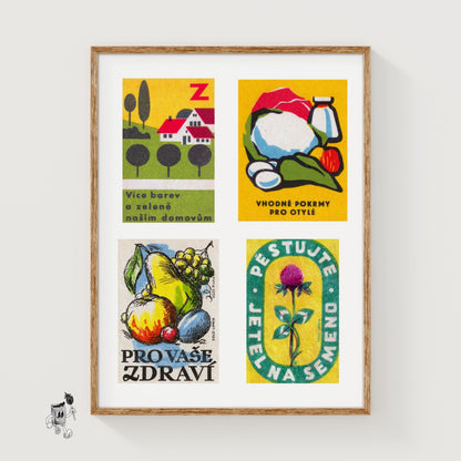 Yellow & Greens Grid Print - vintage matchbox label print
