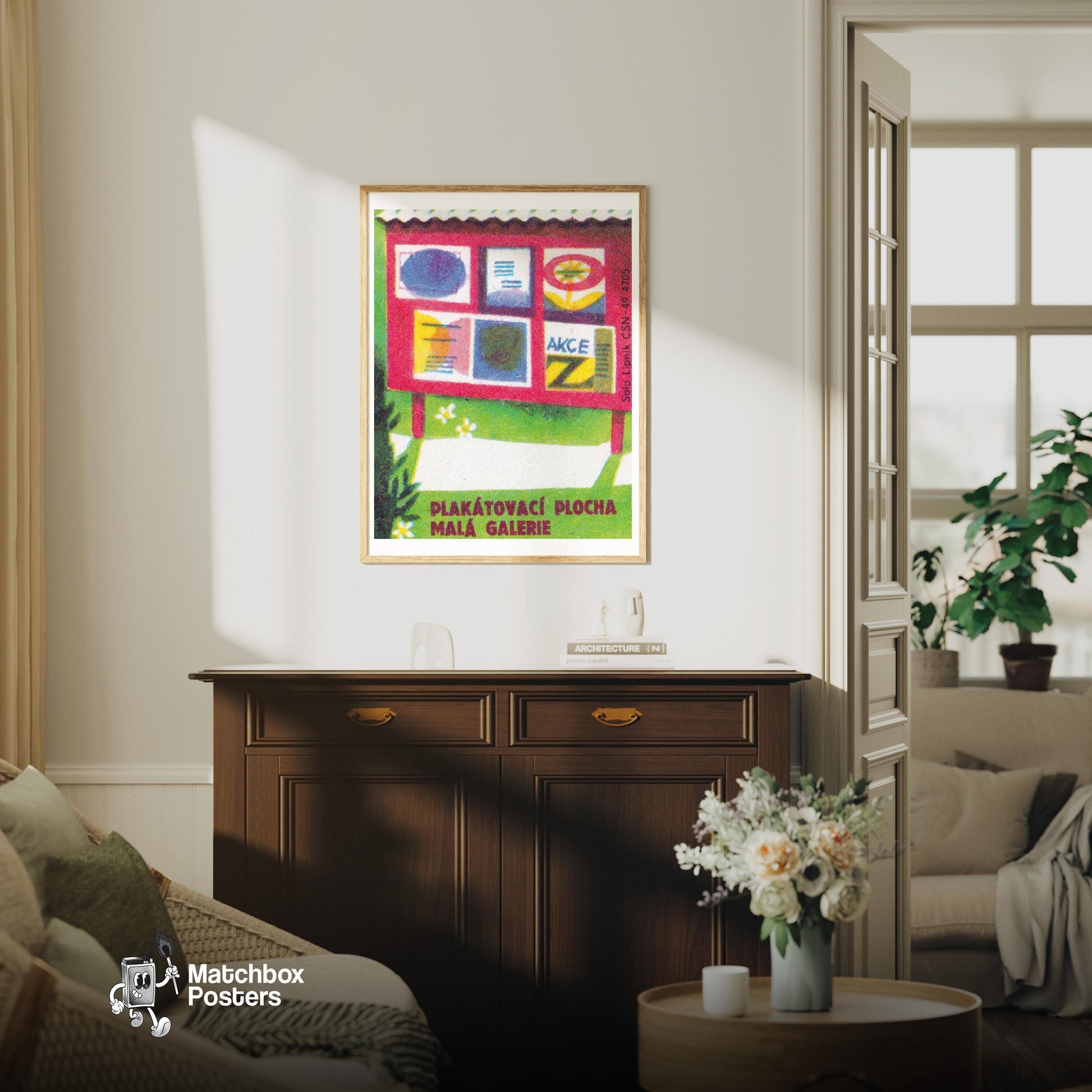 Abstract Poster Board - vintage matchbox label print - living room mockup