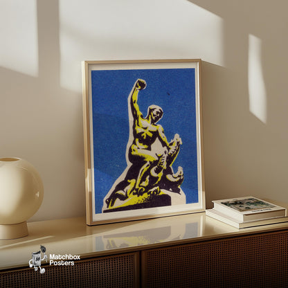 Statue Of A Person - vintage matchbox label print - size comparison