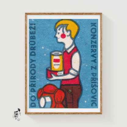 Boy with Canned Food - vintage matchbox label print