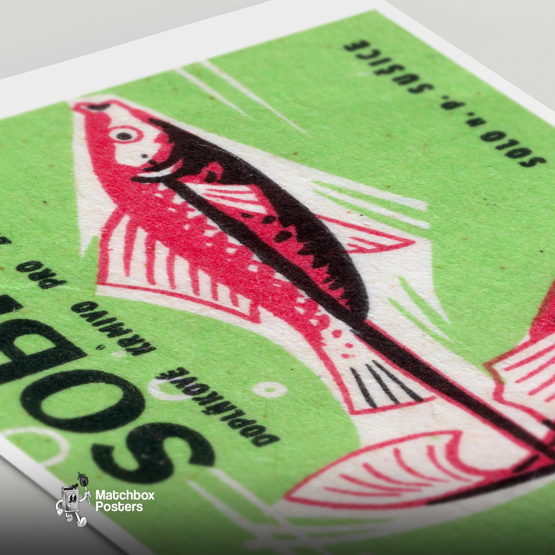 Two Red Fish - vintage matchbox label print - close-up detail
