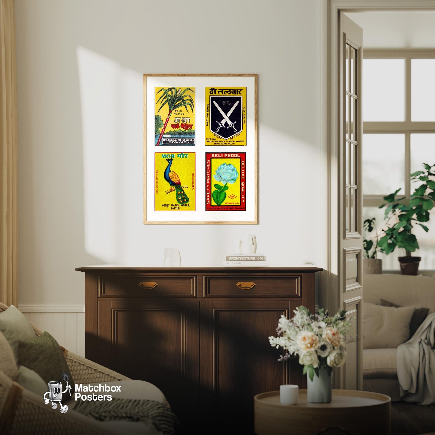 Yellow Hindis Grid Print - vintage matchbox label print - framed wall art preview