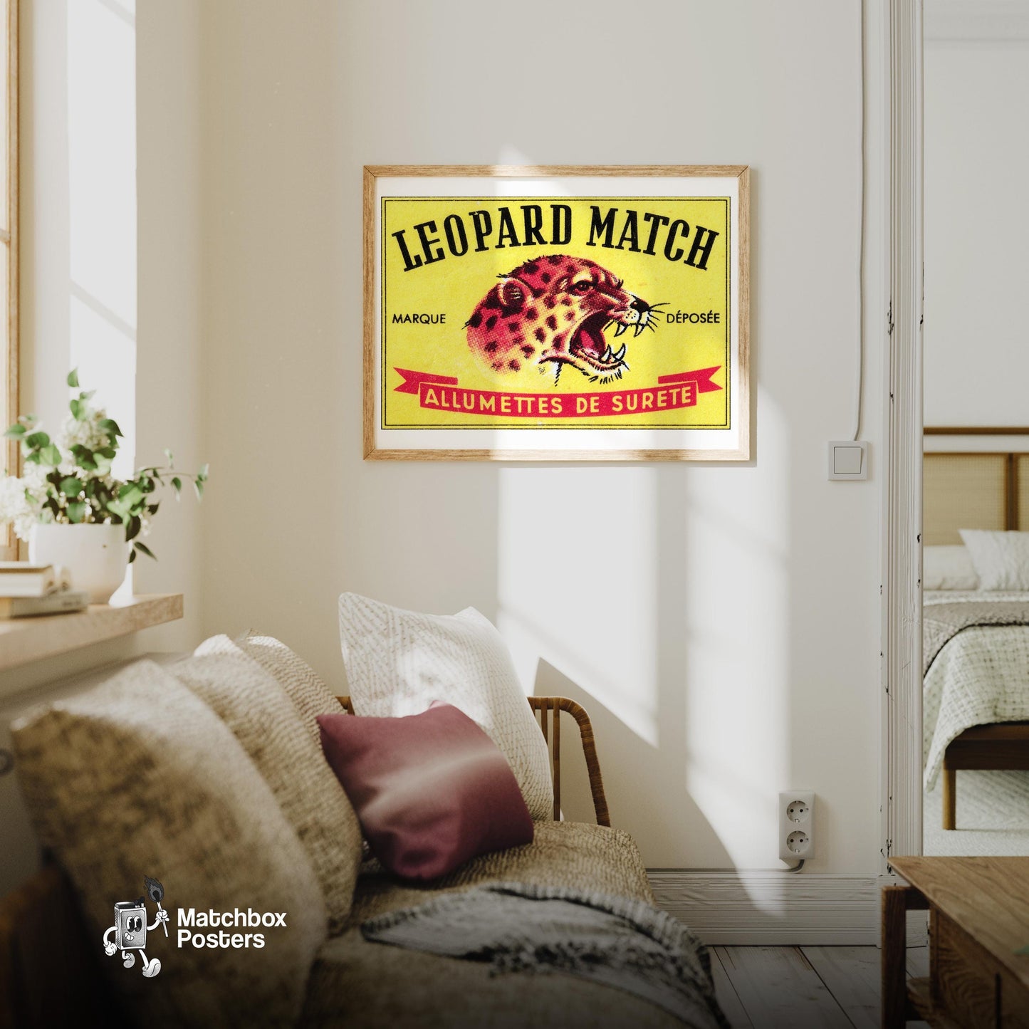 Roaring Leopard - vintage matchbox label print - living room mockup