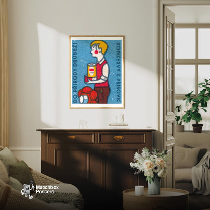 Boy with Canned Food - vintage matchbox label print - living room mockup
