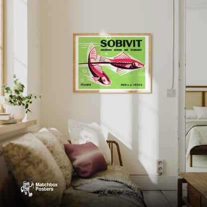 Two Red Fish - vintage matchbox label print - living room mockup