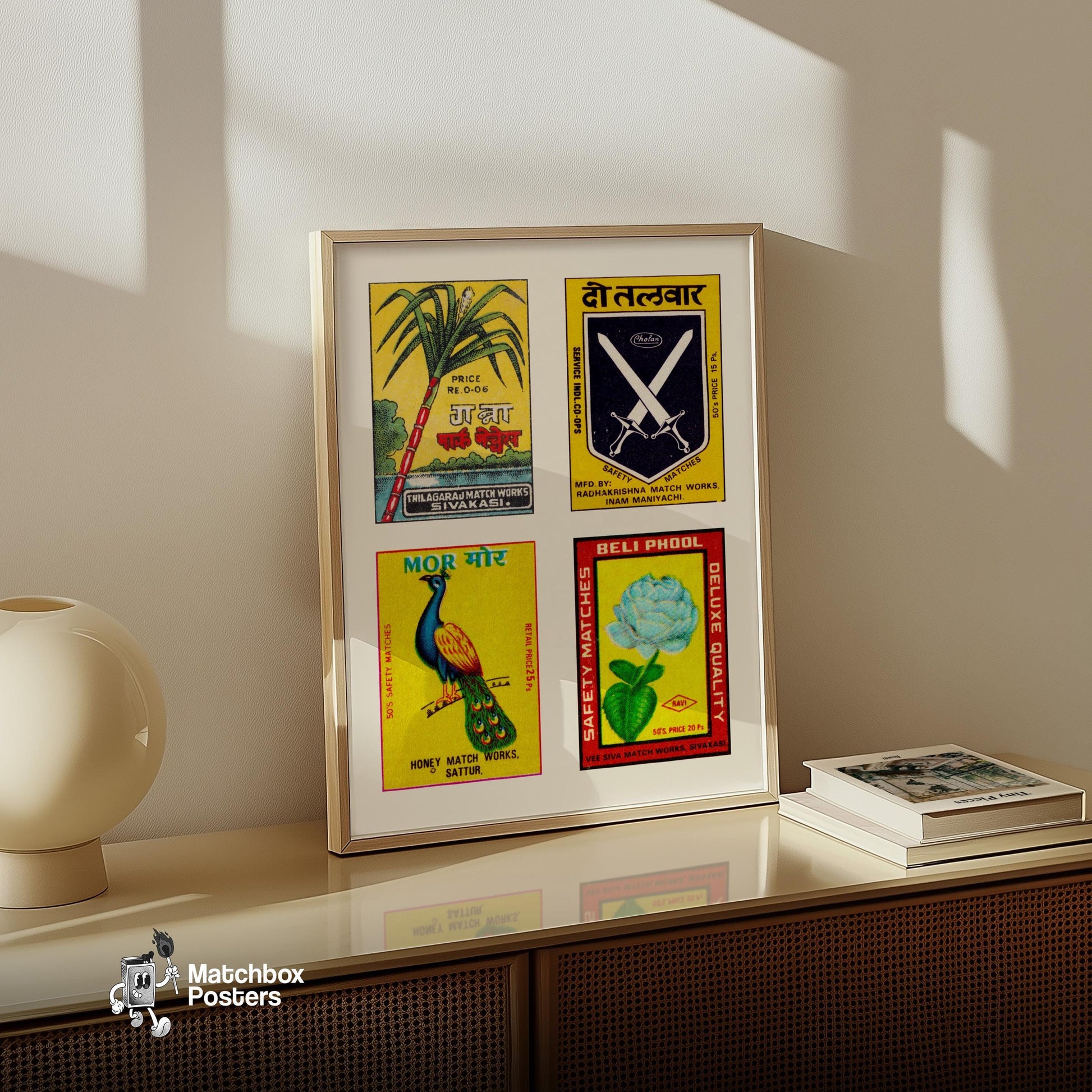 Yellow Hindis Grid Print - vintage matchbox label print - bedroom mockup