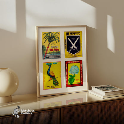 Yellow Hindis Grid Print - vintage matchbox label print - bedroom mockup