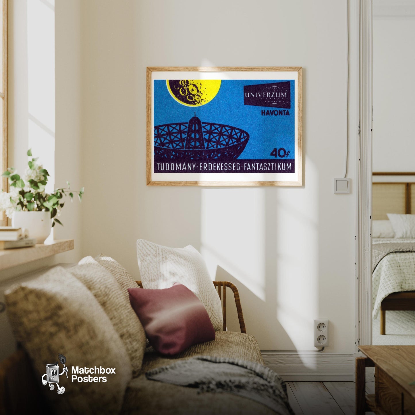 Yellow Moon Telescope - vintage matchbox label print - living room mockup