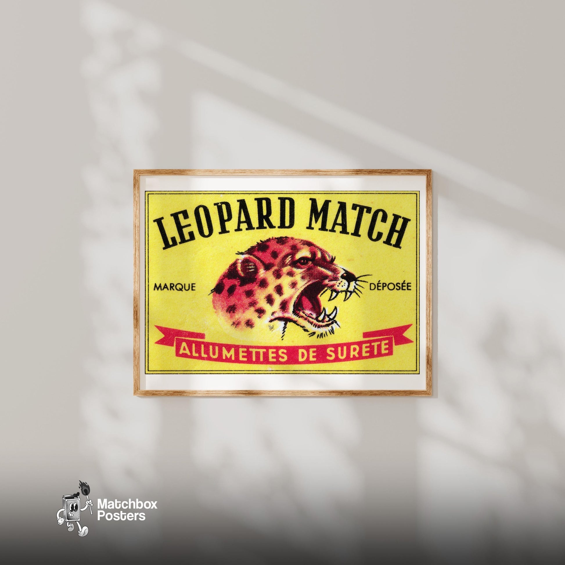 Roaring Leopard - vintage matchbox label print - bedroom mockup