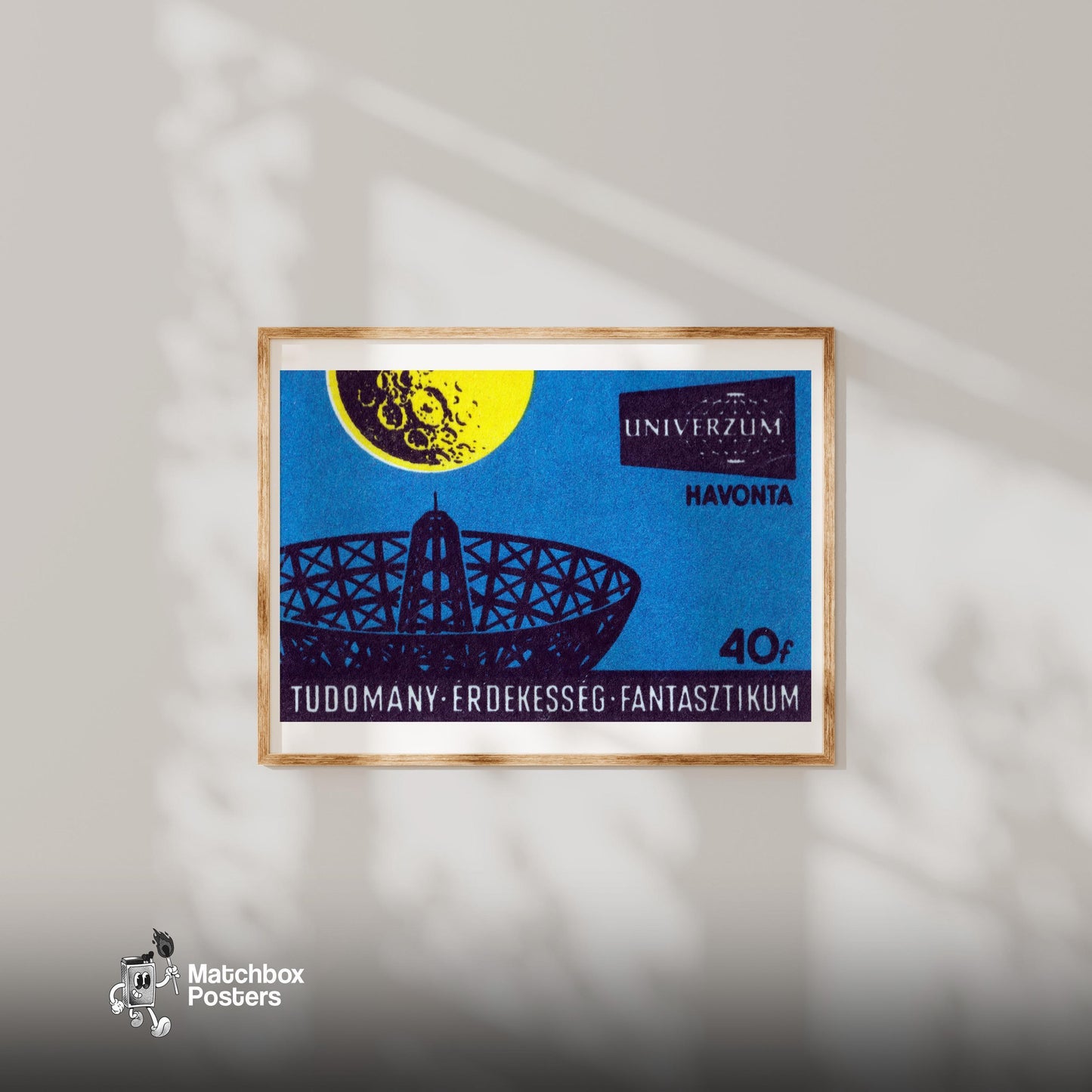 Yellow Moon Telescope - vintage matchbox label print - bedroom mockup