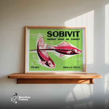 Two Red Fish - vintage matchbox label print - size comparison