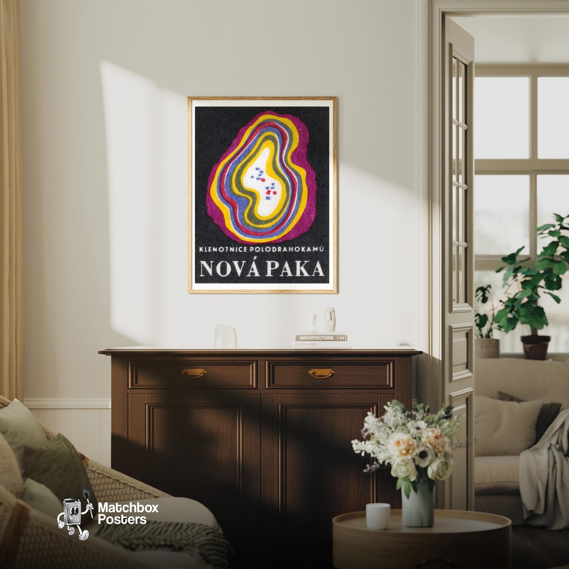 Precious Jewels Exhibition - vintage matchbox label print - living room mockup