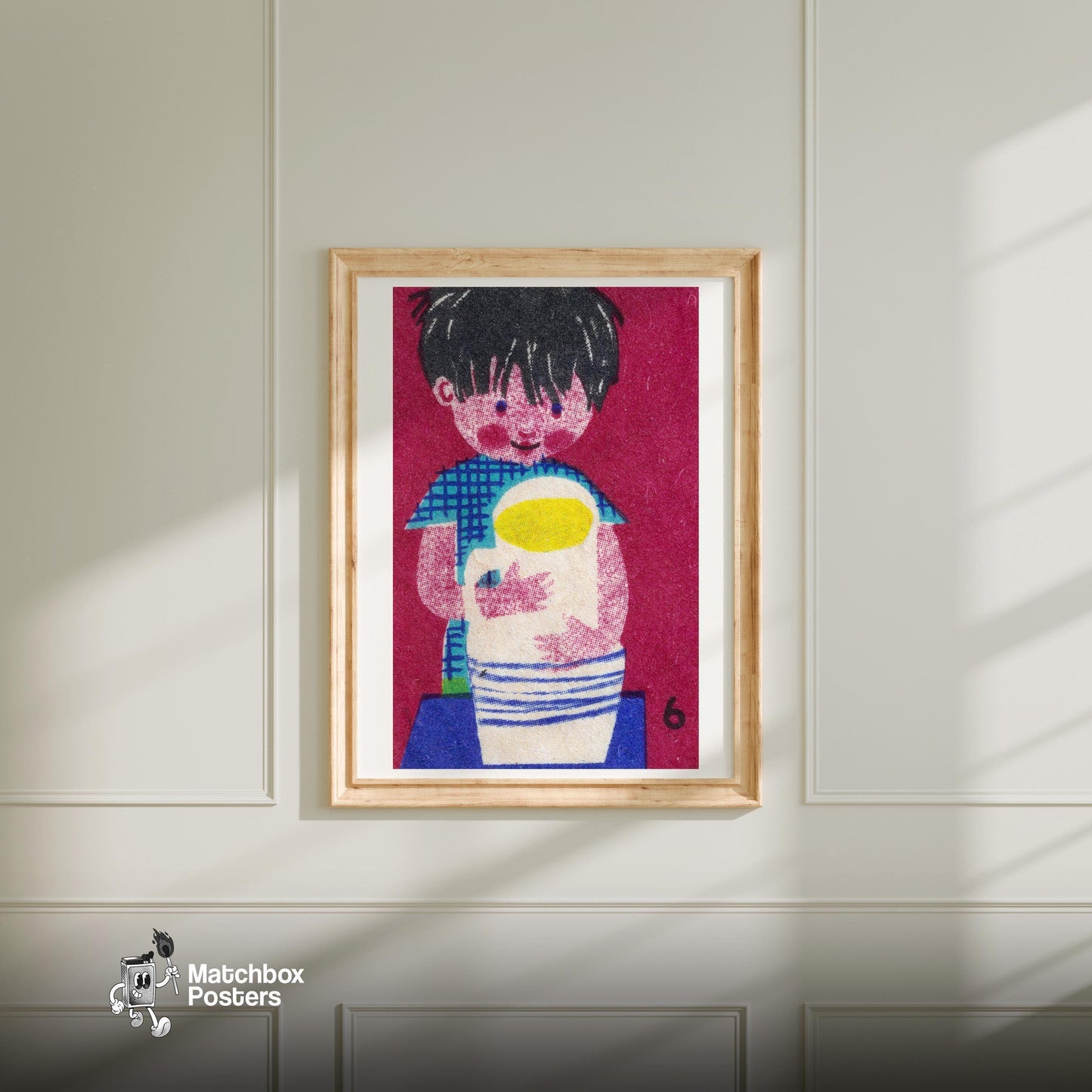 Boy with Mug - vintage matchbox label print - bedroom mockup