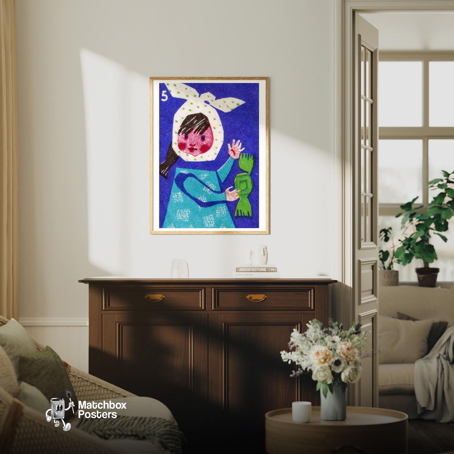 Girl with Candy - vintage matchbox label print - living room mockup