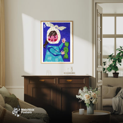 Girl with Candy - vintage matchbox label print - living room mockup