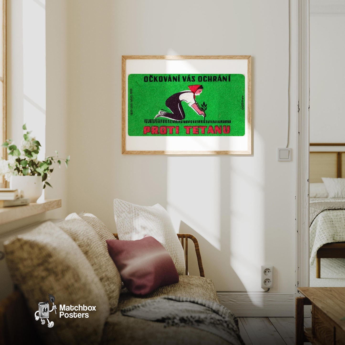 Woman Gardening - vintage matchbox label print - living room mockup