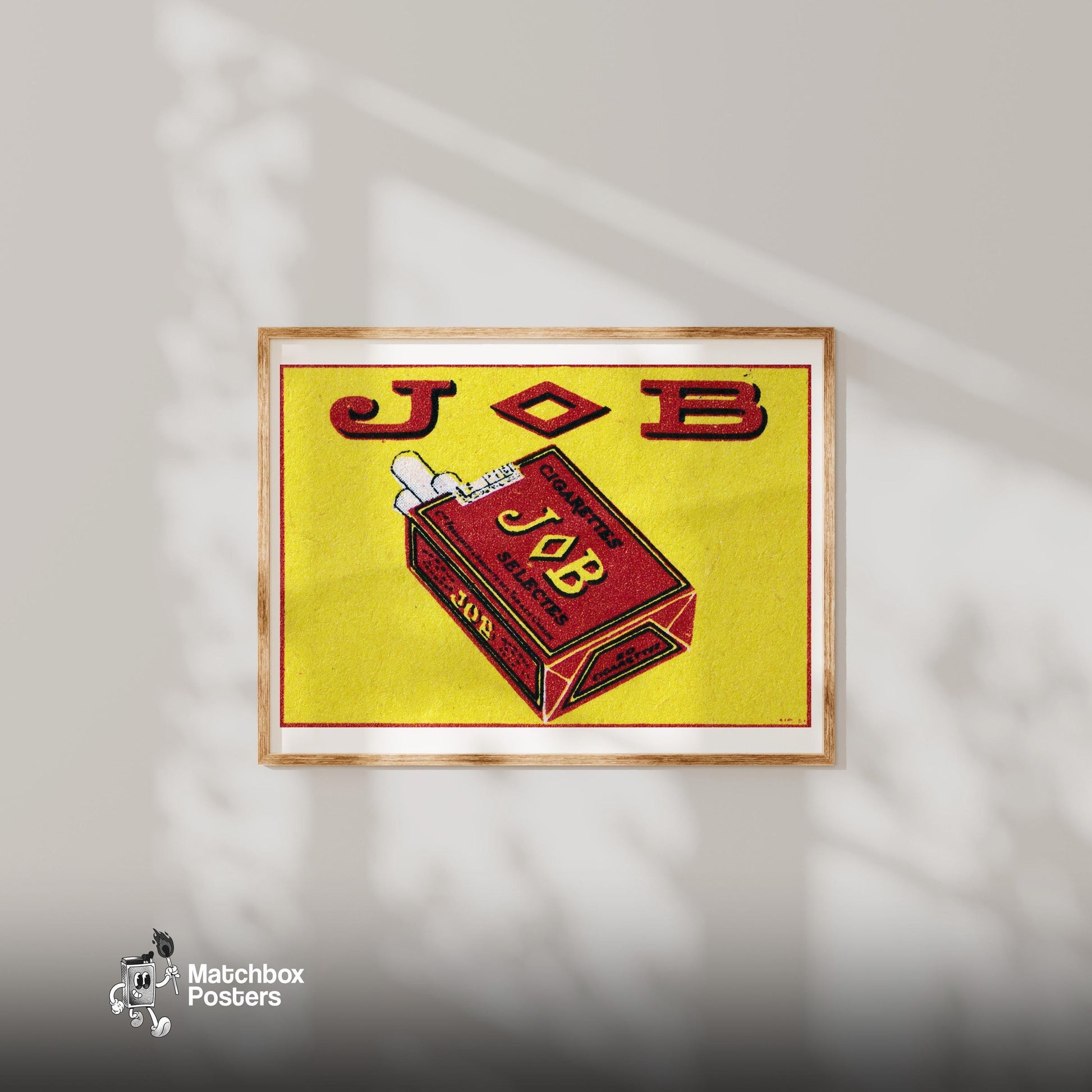 Red Job Cigarettes - vintage matchbox label print - bedroom mockup