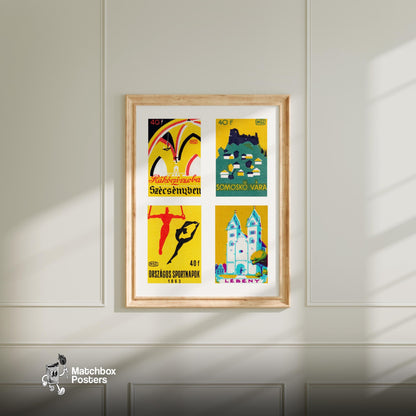 Yellow Hungarians Grid Print - vintage matchbox label print - living room mockup