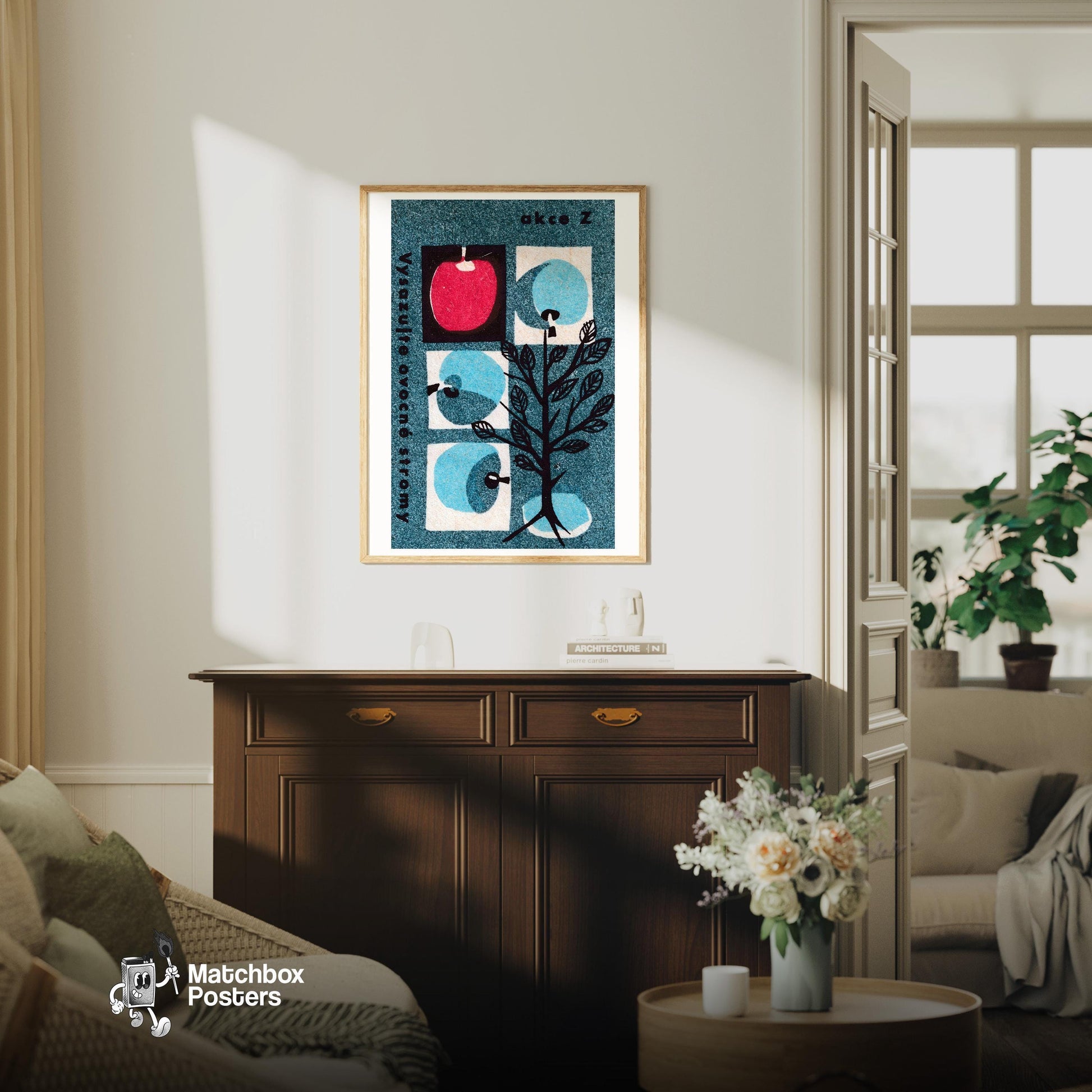 Apple Tree - vintage matchbox label print - living room mockup